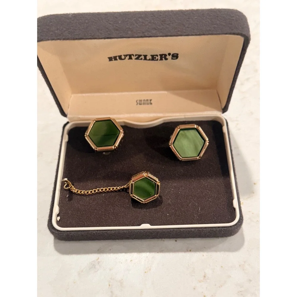 Vintage Swank Green Hexagon Cufflinks and Tie Tac Set Gold Tone with Box